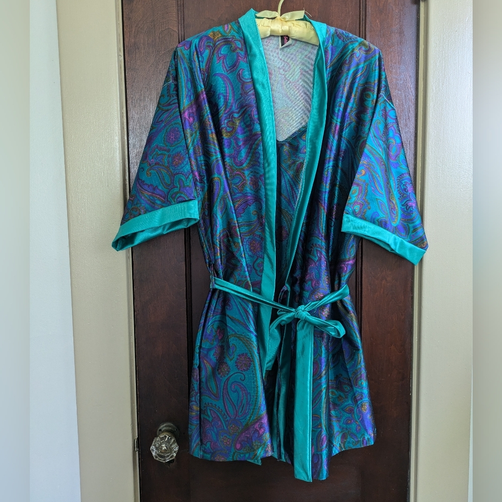 Vintage Fredericks of Hollywood Polyester Paisley Print 90s Lingerie & Robe, XL